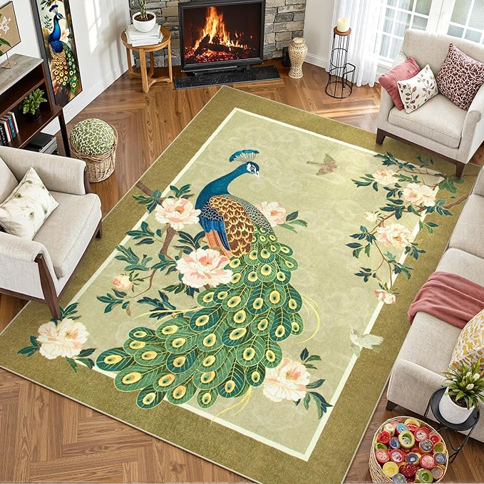 Lahome Peacock Washable Rugs 5x7, Soft 5x7 Rugs for Living Room Bedroom, Floral Vintage Non-Slip Low Pile Stain Resistance Carpet for Farmhouse Dining Room Office, Beige