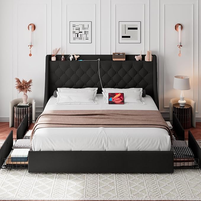iPormis King Bed Frame with 4 Storage Drawers, Upholstered Platform Bed Frame with Type-C & USB Ports, Wingback Storage Headboard, Solid Wood Slats, No Box Spring Needed, Black