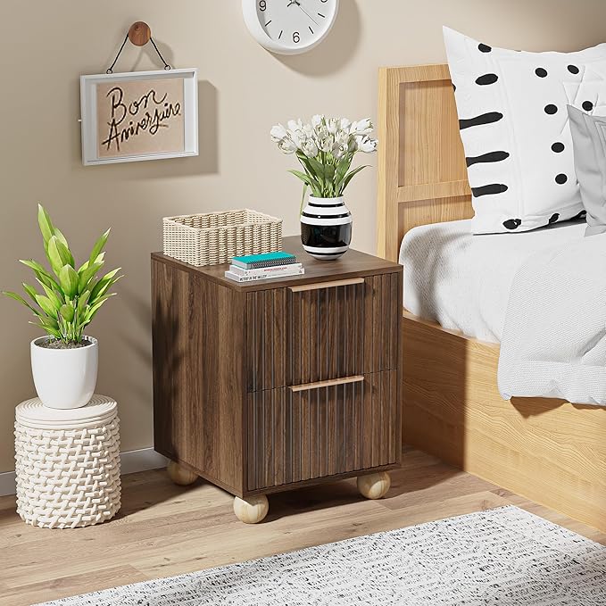 Fluted Nightstand, Walnut Finish Bedside Table with Spacious Storage Drawers, Night Stand with Solid Wood Round Legs for Bedroom, End Table, Side Table