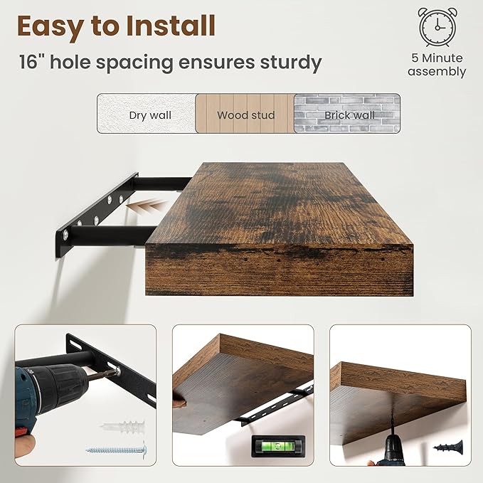 Axeman Square Floating Shelves for Wall, 8" W x 8" D x 1.4" H Rustic Wooden Wall Shelves, 4 Pack Wall Mounted Floating Shelf with Invisible Brackets for Living Room, Bathroom, Kitchen, Rustic Brown