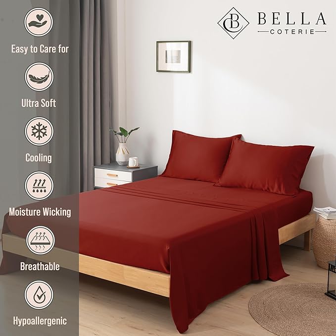 Bella Coterie Luxury Bamboo Viscose Twin XL Size Sheet Set | 100% Organically Grown | Ultra Soft | Cooling for Hot Sleepers | 18" Deep Pocket [Merlot]