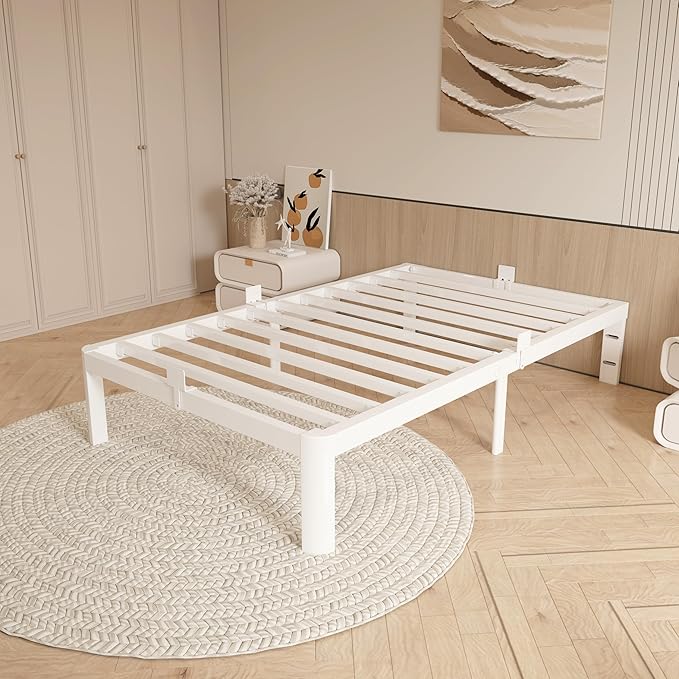 12 Inch Twin Bed Frame, Platform Bed Frames with Metal Gaskets, Anti-Slip Mattress Stopper, No Box Spring Needed, Heavy Duty Steel Slat Support, Round Corner Leg, Easy Assembly, White