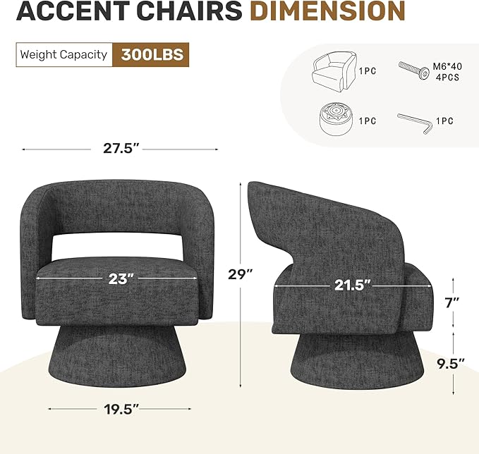 Swivel Accent Chair, Modern Comfy Chenille Barrel Chairs, Oversized Upholstered Round Arm Chair for Living Room, Bedroom, Reading Room, Black, 1 PCS