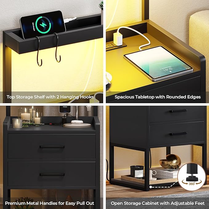 VIAGDO Nightstands Set of 2 with Charging Station, LED Night Stand with 2 Drawers, Black Modern Bedside Tables with Open Storage Shelves, End Side Tables for Bedroom, Office