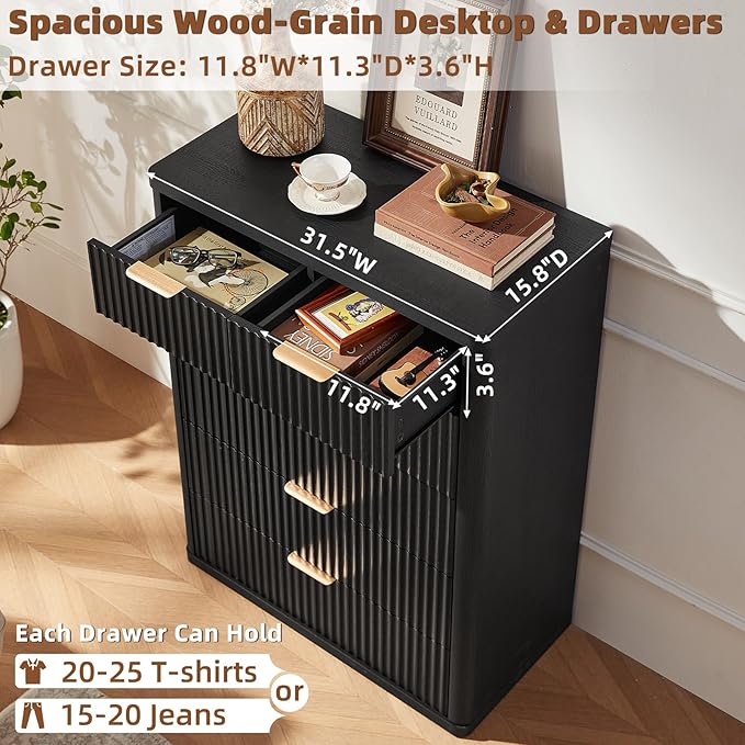 LEYAOYAO Fluted Dressers & Nightstand Set of 4, Wood 48" Wide Dresser & 42" Tall Chest of Drawers,Modern Bedroom Furniture Sets, Black Wooden Nightstand Set of 2 with 3 Drawers & Charging Station