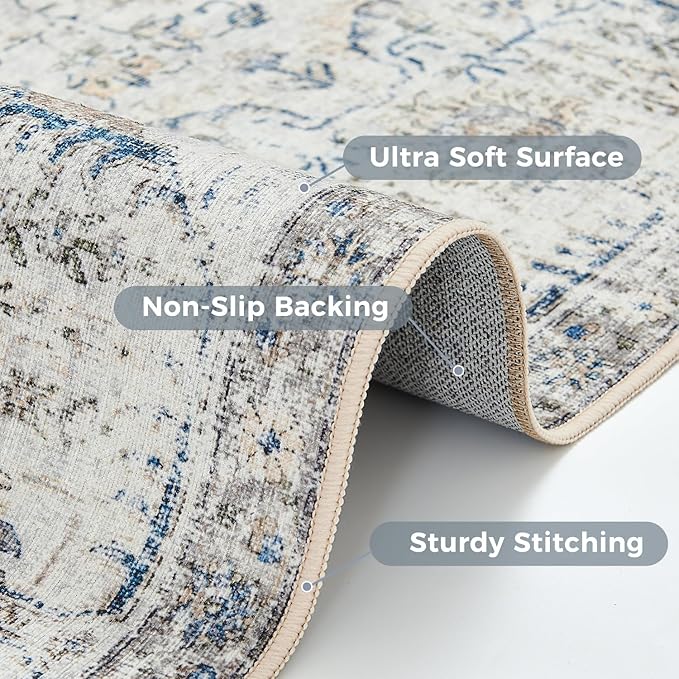 jinchan Kalen Area Rug 8x10 Washable Living Room Rug Vintage Indoor Large Floor Cover Retro Accent Mat Distressed Floral Country Boho Non Slip Thin Carpet for Bedroom Dining Room Office Blue Multi