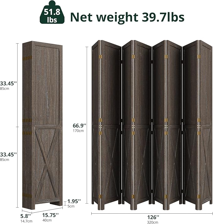 Cozy Castle Wood Room Divider, 8 Panels Folding Privacy Screen, 66.9'' Wall Divider, Barnwood Room Separator, Freestanding Partition, Temporary Wall for Decorative, Rustic Brown