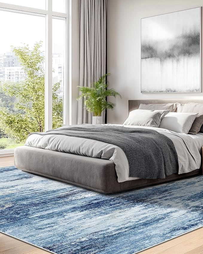 AMADA HOMEFURNISHING 9x12 Area Rugs for Living Room, Modern Large Area Rugs with Non-Slip Backing & Low Pile, Neutral Soft Washable Rug for Nursery, Bedroom, Dinning Room, Playroom, Blue