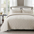 HoneiLife Bedspread Quilt Set Queen - 3 Piece Embroidered Corduroy Bedspreads Luxurious Coverlet Lightweight Bedcover Warm Bedding Set All Season Quilts-Greyish White, Queen Size