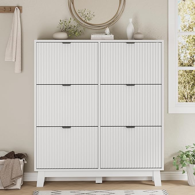 Shoe Cabinet with 6 Flip Drawers, 54" Tall Narrow Fluted Shoe Storage Organizer for Entryway, Hidden Slim Wooden Shoe Rack Cabinet for Front Door Entrance, Hallway, Living Room, Solid White