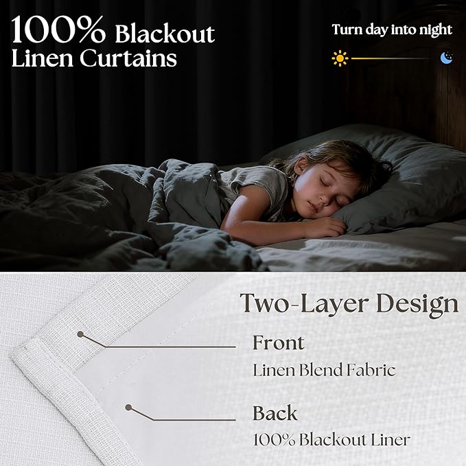 Pure White 96 Inch Blackout Pinch Pleated Curtains 2 Panel Set for Living Room Darkening Thick Linen Textured 100% Black Out Drapes 96 Inches Long Pinch Pleat Light Blocking Bedroom Soft Snow White