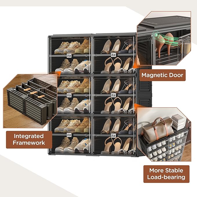 Black Shoe Rack Organizer Cabinet for Closet Entryway,Clear Shoe Storage Boxes Stackable Sneaker Storage with Door Easy Assembly Shoe Cabinet with Lids Large 6 Tiers 24 Pairs