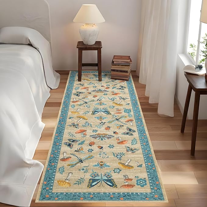 Mushroom Insect 2x6 Runner Rug for Hallway Washable Kitchen Rugs Non Slip with Rubber Back Khaki Blue Low-Pile Stain Resistant Indoor Carpet for Entryway Bathroom Laundry Dorm