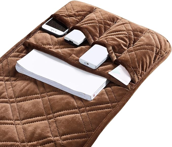 Brilliant Sunshine Chocolate Velvet Couch Armrest 5 Pockets Organizer, Slip Resistant Recliner Armchair Caddy, Washable Remote Controls Holder, Storage for Magazine, Tablet, iPad, 35×13", Chocolate