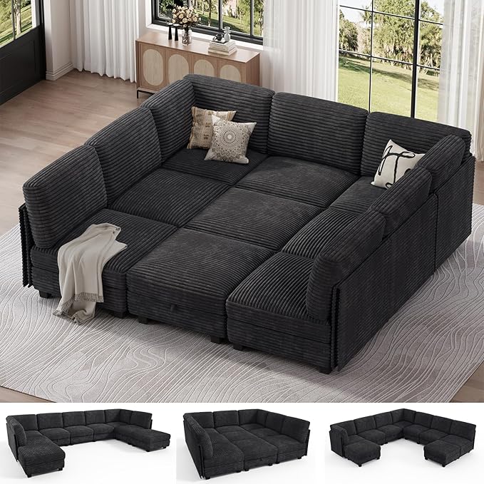 Modular Sectional Sofa with Adjustable Backrest, Large Convertible L/U-Shaped Sleeper Couch for Living Room, Cloud Sofa Bed Modern Reversible Design, Black