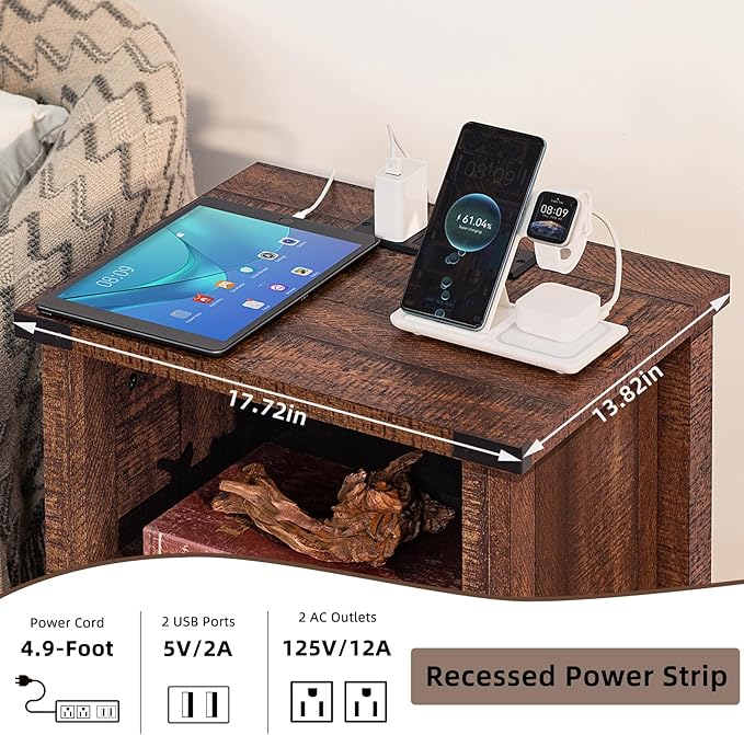 Joaxswe Night Stand with Charging Station and USB Port, 18 Inch Farmhouse Nightstand with Storage Shelf, Rustic Wood Bedside Table with Magnetic Door, Bed Side Tables for Bedroom, Reclaimed Barnwood