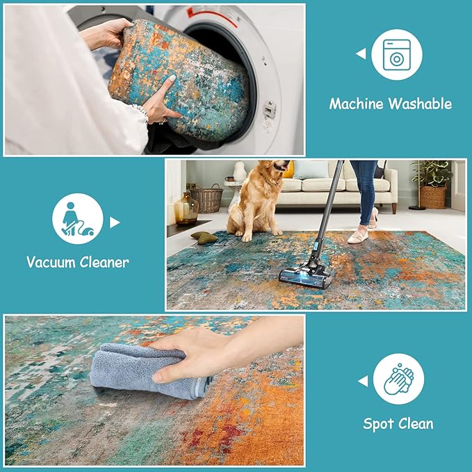 Lahome Modern Abstract Round Rug 5Ft - Colorful Washable 5x5 Circle Rugs for Living Room Bedroom Non Slip, Soft Indoor Floor Carpet for Dining Table Bathroom Nursery Dorm Decor