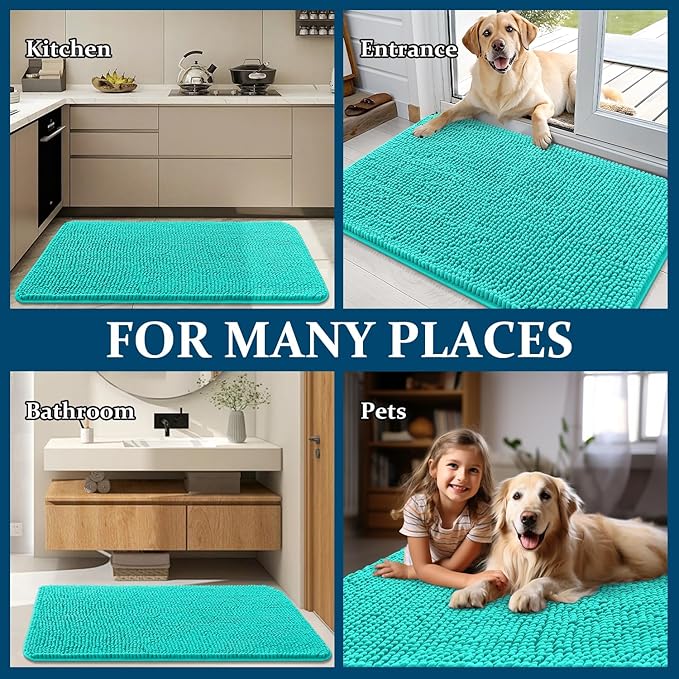 OLANLY Dog Door Mat for Muddy Paws 47x24, Absorbs Moisture and Dirt, Absorbent Non-Slip Washable Doormat, Quick Dry Chenille Mud Mat for Dogs, Entry Indoor Entryway Carpet for Inside Floor, Teal