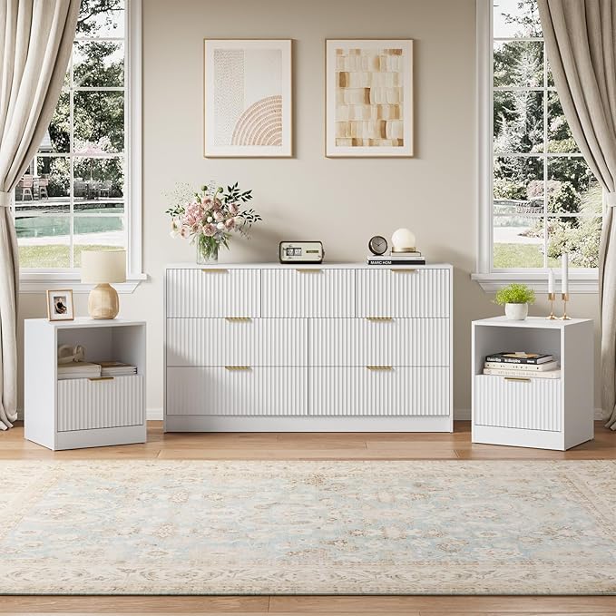 White Dresser & Nightstand Set 3-Piece, Bedroom Dresser with 7 Drawers, Night Stand Set of 2 w/Metal Handle, Fluted Modern Wood Chest of Drawers Storage Dressers Set for Bedroom, White