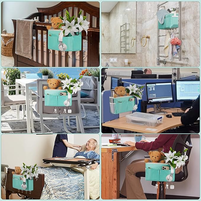 Bedside Storage Organizer 5 Pockets with 4 Hooks Hanging Storage Bag for Headboards/Bunk Bed (Light Green)