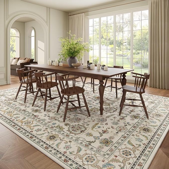 Washable 10x14 Area Rugs for Living Room, Boho Non-Slip Vintage Distress Large Rugs for Bedroom Dining Room Office, 0.3" Neutral Oriental Throw Thin Carpet, Beige/Rust/Green/Multi