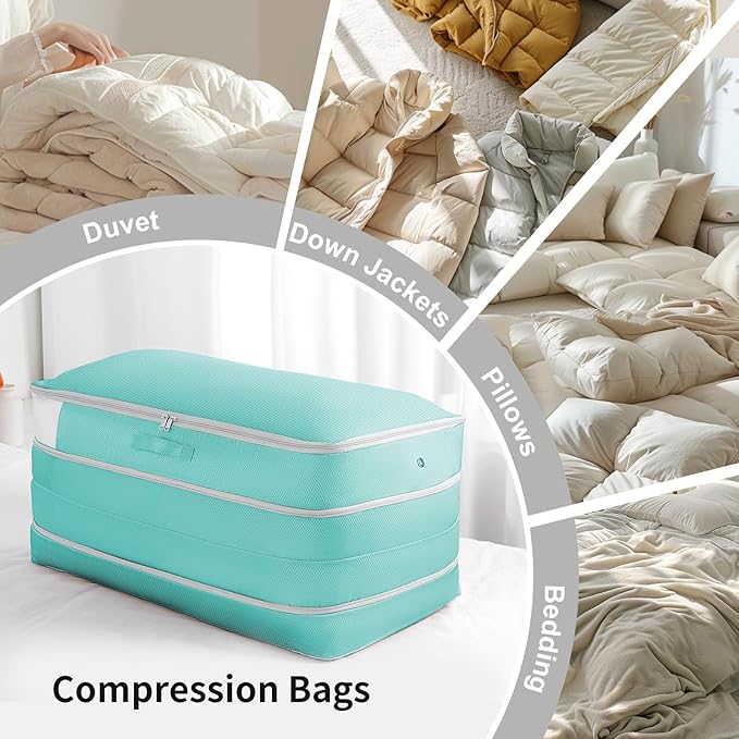 Comforter Storage Bag - Large Capacity Bedding Storage Bags Ultra Space Saving Self Compression Organizer, Washable Compression Bags for Storage Comforter Blanket Duvet Pillow, 2-Pack, Blue