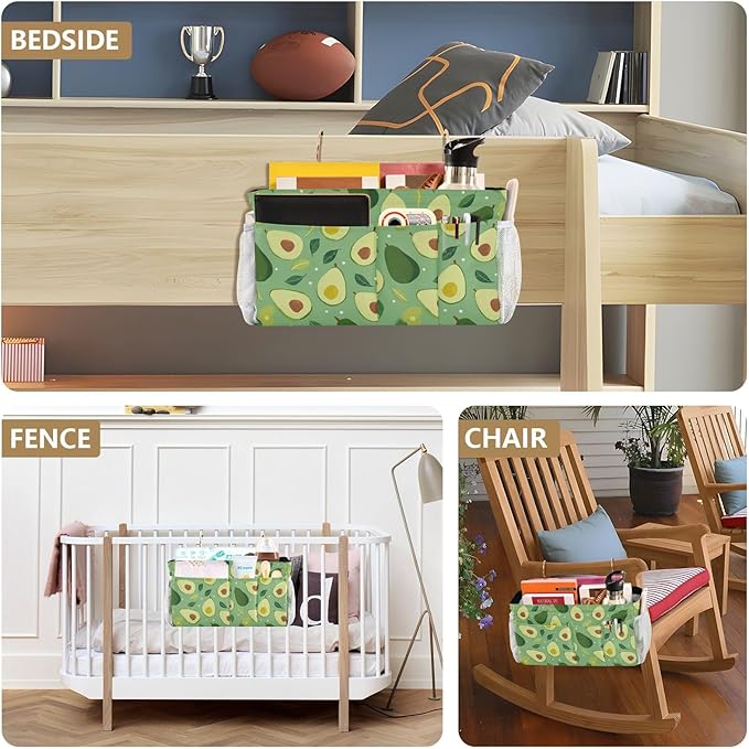 Bedside Caddy Hanging Bunk Bed Caddy Bed Organizer Hanging Pocket with 2 Hooks Bedside Storage Organizer Pocket Bag Holder Green Avocado and Leaf