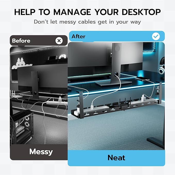 ARES WING 17"-28.7" Extendable Under Desk Cable Management Tray with Cable Slots, Clamp On Cord Organizer Holds Up to 11 lbs, Black Metal Under Desk Storage for Office and Gaming Accessories