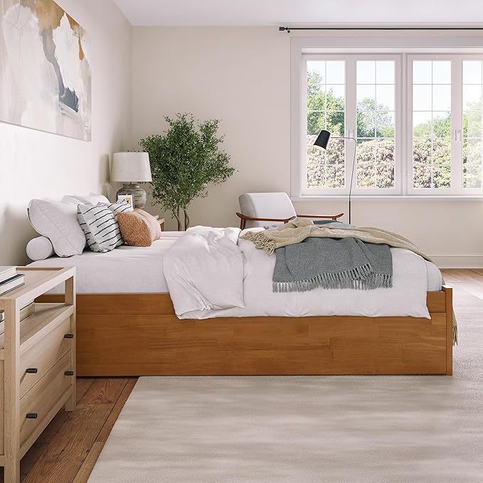 AFI Concord Queen Solid Wood Platform Bed with Footboard & Twin XL Trundle in Light Toffee