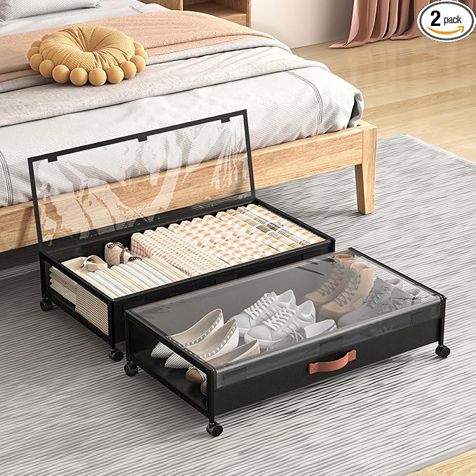 Under Bed Storage with Wheels, XXL Larger Under Bed Storage Containers with Clear Lids, 31'' Lengthen Under Bed Shoe Organizer for Shoes Clothes(Black 2 Pack, XXL(31"x16.6"x7.48"))