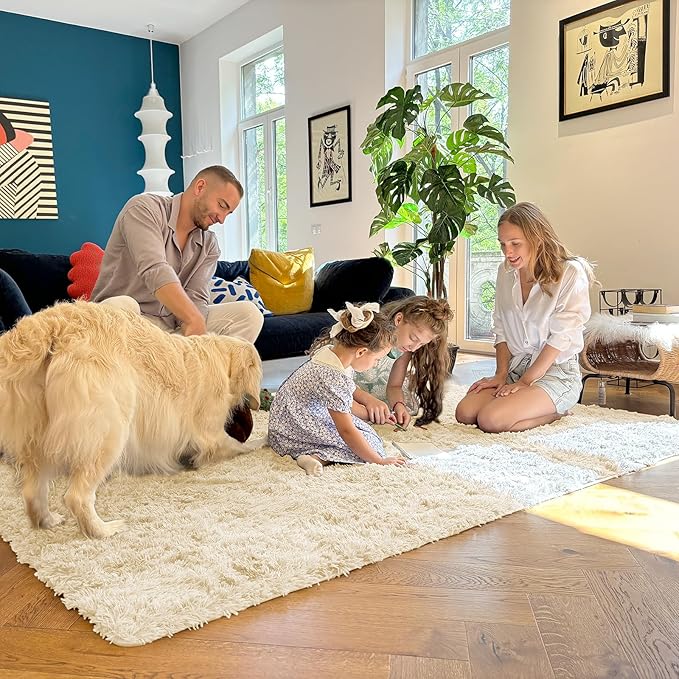 OLANLY 2x6 Machine Washable Runner Rugs for Hallway, Soft Fluffy Shaggy Bedside Rugs for Bedroom, Living Room, Indoor Floor Carpet for Kids Girls and Boys, Home Decor Aesthetic, Cream