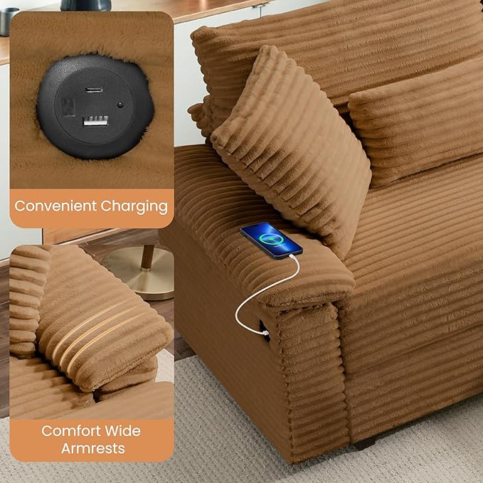 SUNWAVE 74" Double Chaise Lounge Chair Indoor, Oversized Loveseat with Removeable Ottoman, Corduroy Couch with USB Charging, Storage Ottoman, and Coffee Table Cushions for Living Room