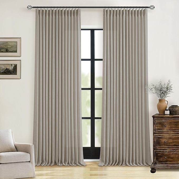 Pinch Pleated Linen Curtains 108 Inches Long for Living Room 2 Panels Set Greyish Beige Flax Double Pleated Drapes Back Tab Farmhouse Ceiling Floor 108 Inch Window Curtains Bedroom Burlywood Birch