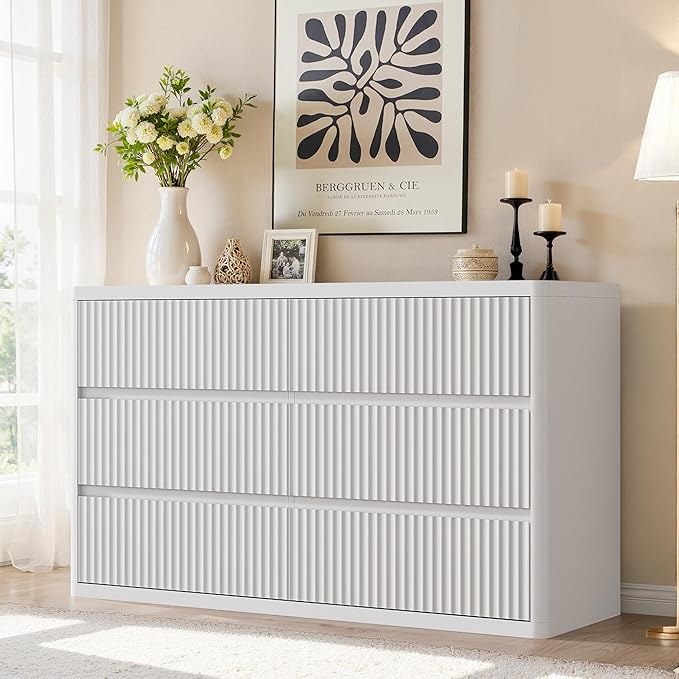 Fluted 6 Drawers Double Dresser, White Dresser for Bedroom, Modern Chest of Drawers with Handleless, Curved Profile Dressers TV Stand, Wood Storage Organizer for Living Room, Hallway