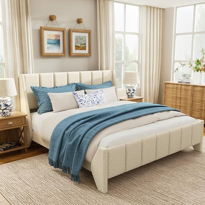 Brafab Queen Boucle Upholstered Bed Frame with Wingback Headboard, No Box Spring Needed, Easy Assembly, Platform Bed with Wooden Slats, Beige(Queen (U.S. Standard))