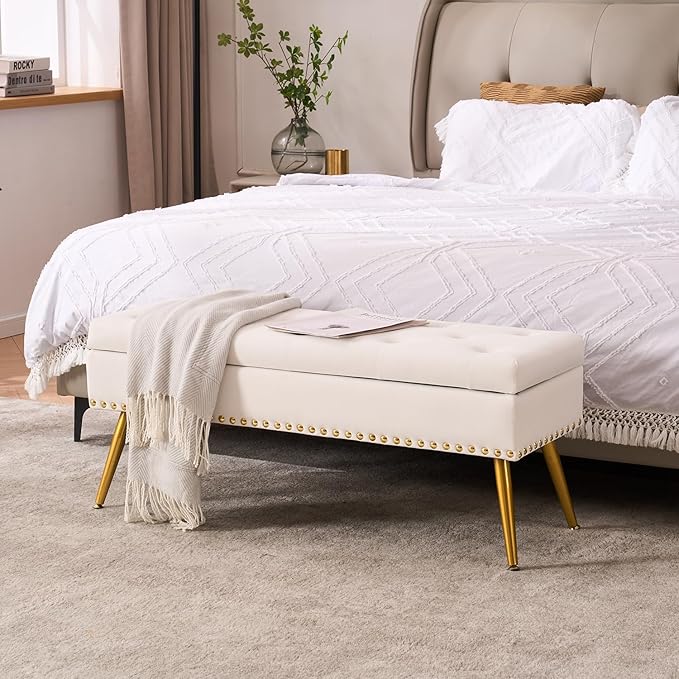 Velvet Storage Bench with Gold Legs& Nailhead Trim, 40" Wide Upholstered Modern Bedroom Bench for End of Bed, Tufted Ottoman for Entryway Living Room Dining Room (Ivory White, 40" W)