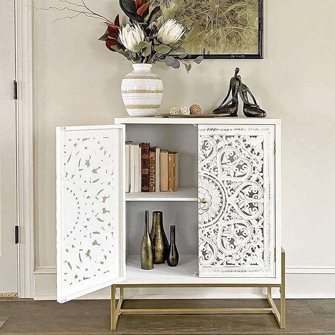 PHI VILLA White Accent Cabinet with Doors, Hollow Carved Small Buffet Sideboard, 2 Door Storage Cabinets