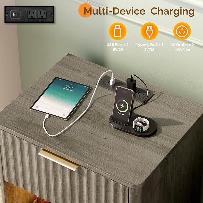 VINGLI Night Stands Set 2 with Charging Station, LED Nightstand Fluted with Rounded Edge, 19" W Mid Century Modern Nightstand for Bedroom, Fluted Night Stand/End Table/Bed Side Table, Grey
