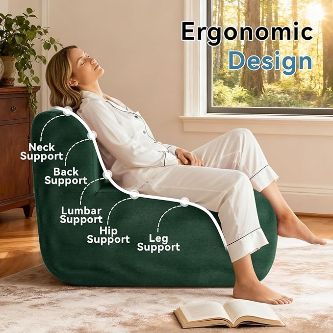 Single Boneless Chairs,Fireside Beanbag Chair Upholstered Cloud Sofa Chair,Corduroy Floor Couch Boneless Couch for Living Room,Memory Foam Lounge Chair for Bedroom,Deep Green