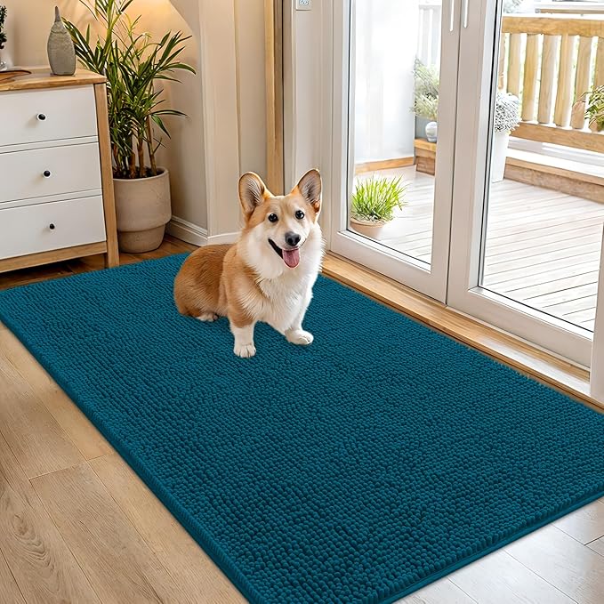 OLANLY Dog Door Mat for Muddy Paws 54x32, Absorbs Moisture and Dirt, Absorbent Non-Slip Washable Doormat, Quick Dry Chenille Mud Mat, Entry Indoor Entryway Carpet for Inside Floor, Atlantic Blue
