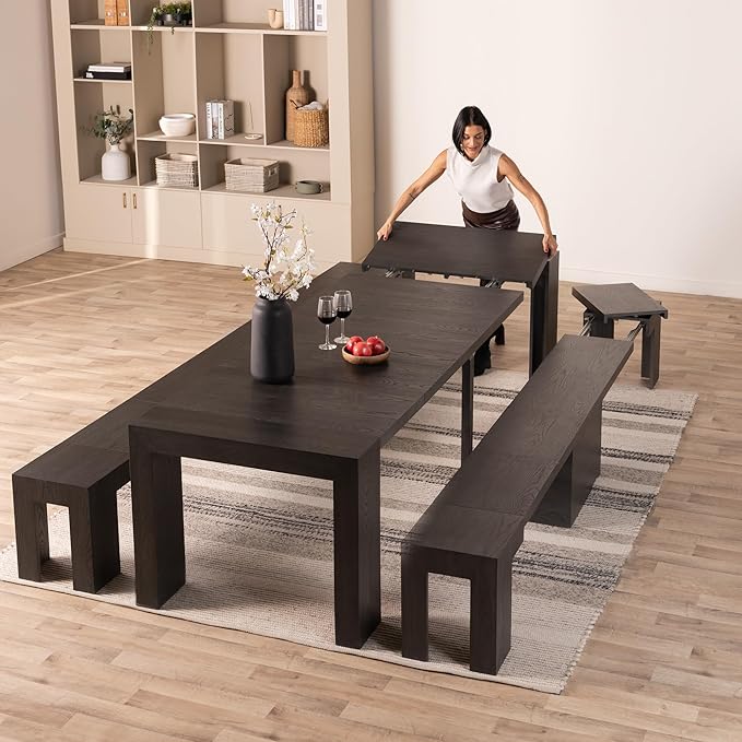 Transformer Table - Solid Wood Extendable Dining Table, Seats 2-12, Extendable Dining Room Table, Space-Saving Furniture, Expandable Dining Furniture (Black, Table + 2 Benches)