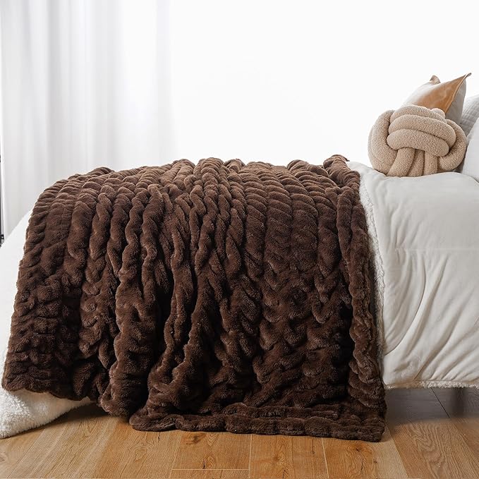 BATTILO HOME Rust Brown Faux Fur Throw Blanket for Bed, Large Double Side Reversible Ruched Rabbit Fur Blanket for Couch, Living Room, Soft Warm Mink Cozy Blanket, 60x80 Inch