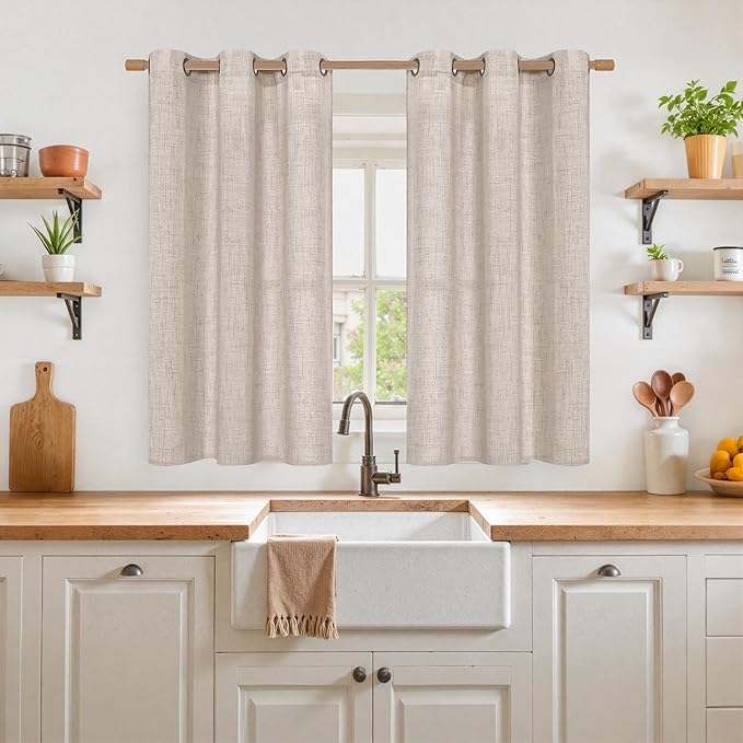 YoungsTex Short Linen Curtains 54 Inch Length 2 Panels for Window, Light Filtering Drapes Semi Sheer with Bronze Grommet Rustic Textured for Bathroom Bedroom Living Room, 42 X 54 Inch