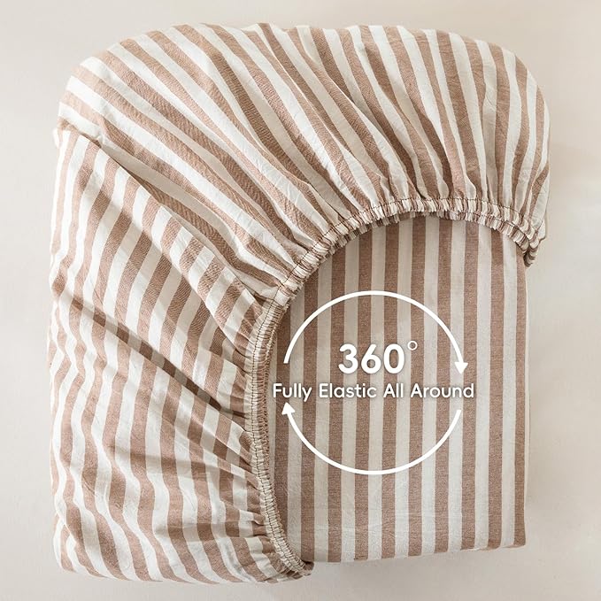 MooMee Striped Fitted Bottom Sheet Only 100% Washed Cotton Linen Like Textured Breathable Durable Soft Comfy Deep Pocket Fits Mattress up to 17" (Orange Classic Stripes, Queen)