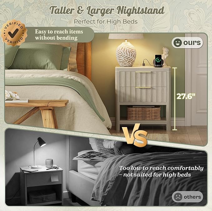 Huuger 27.6 Inch Tall Night Stands with Charger Station, USB-C Port, Fluted Nightstand Set of 2, Larger Wider Bed Side Table with 2 Deep Drawers, Open Shelf, Bedroom Living Room End Table, Grey