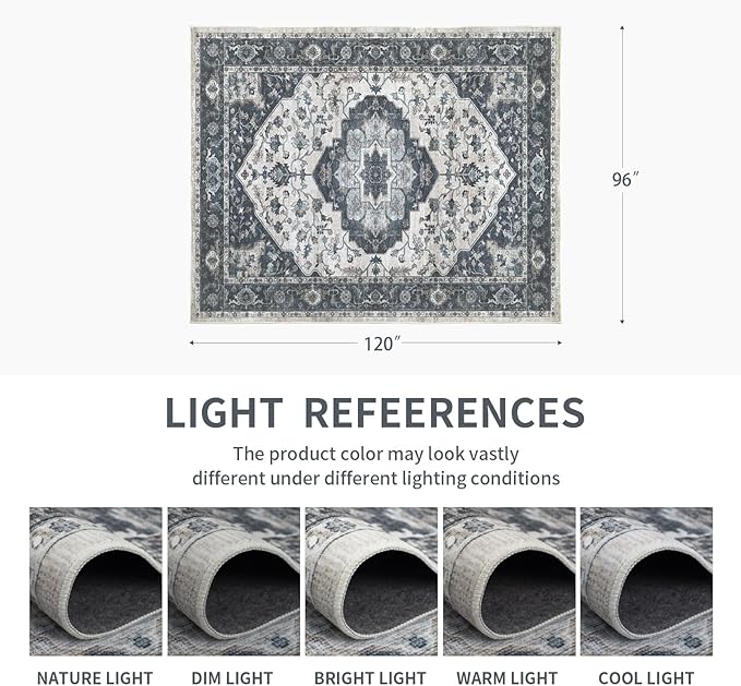 8x10 Vintage Washable Area Rug for Living Room,Low Pile Non Slip Carpet Non-Shedding Large Area Rug Soft Indoor Stain Resistant Rug Floral Print Mat for Bedroom Dining Room Blue Beige