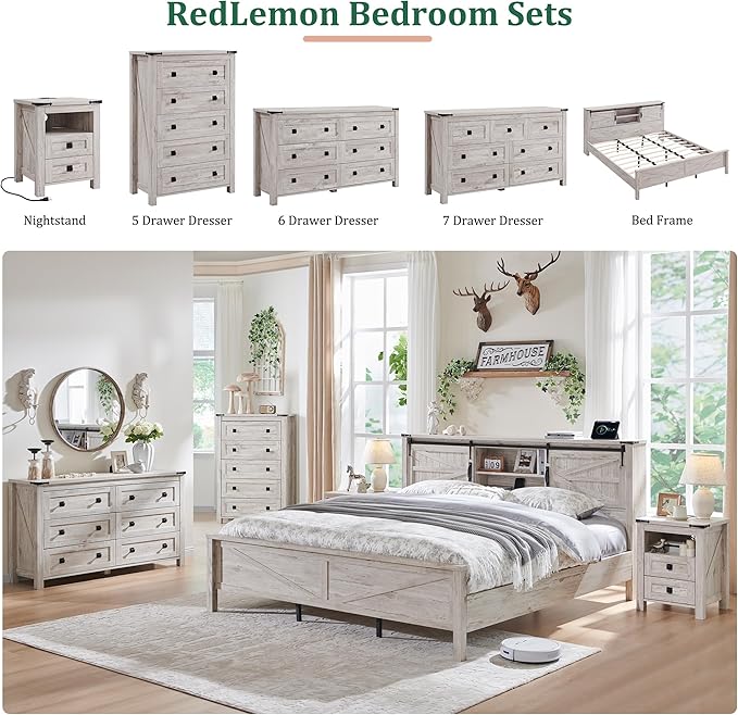 T4TREAM Farmhouse 5 Drawers Dresser Chests for Bedroom, Wood Rustic Tall Chset of Drawers,Dressers Organizer for Bedroom, Living Room,Hallway, Antique Brush White