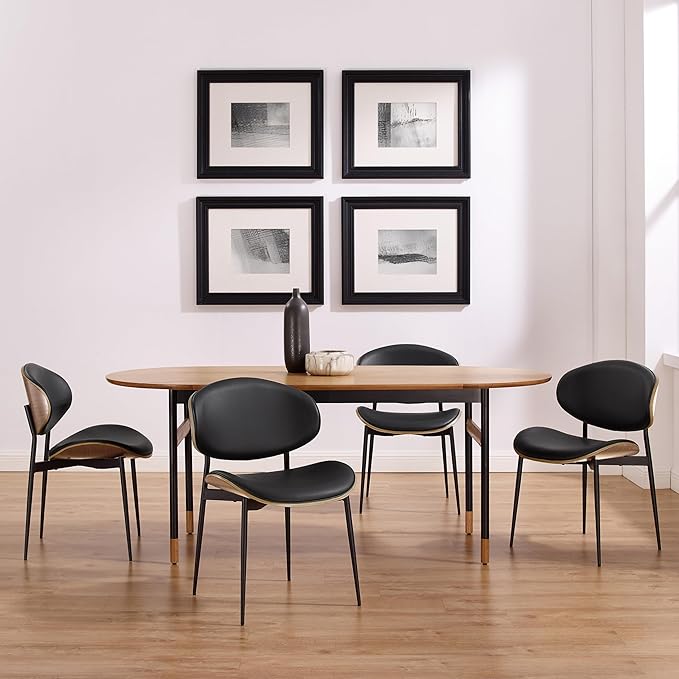 Art Leon Genuine Leather Dining Chairs Set of 2, Mid Century Modern Chair, Upholstered Kitchen Dining Room Chairs, Armless Accent Chair with Black Walnut Bendwood, Black