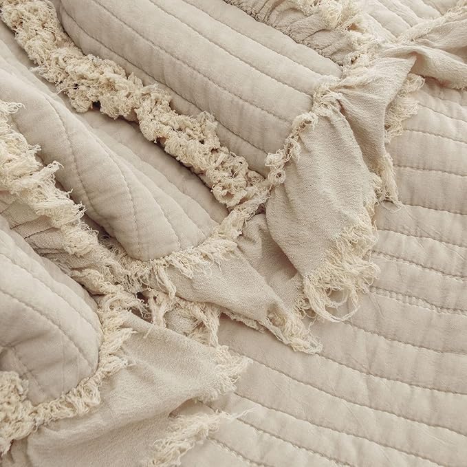 Ultra Soft Pre-Washed Quilted Boho Throw Blanket, Ruffle Fringed Beige Decorative Throw, Stone Washed Chic Rustic Blanket for Sofa Couch Bed Chair, 50"x 60"