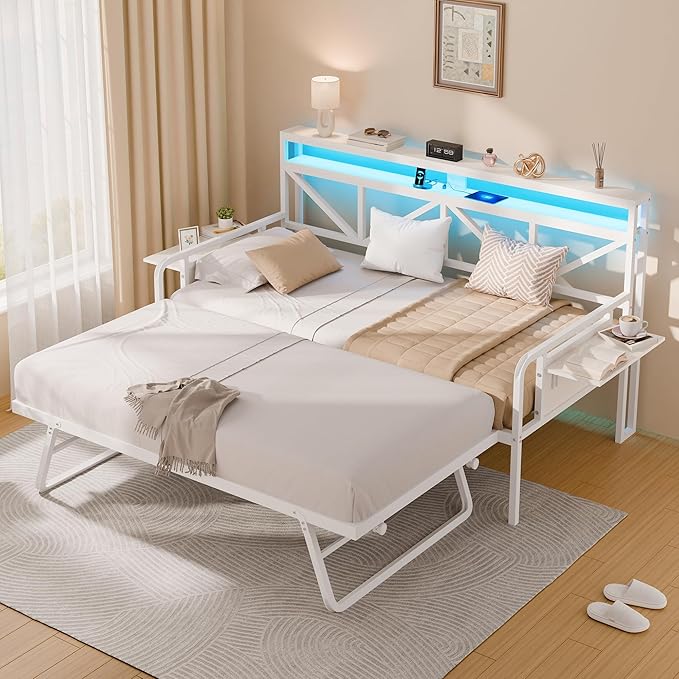 Daybed with Trundle, Heavy Duty Metal Twin Bed Frame with LED Lights & 2-Tier Storage Shelves, Sofa Day Bed with Charging Station & Tabletop for Living Room, Bedroom, Guest Room (White)